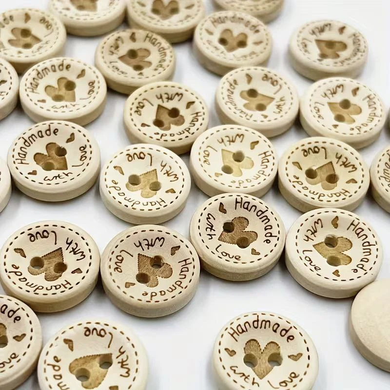 Гудзик дерев’яний «Handmade with Love» з серцем, 15 мм — 10 шт