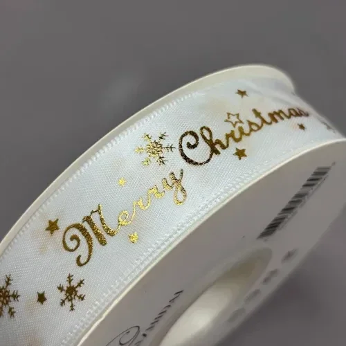Стрічка атлас "Merry Christmas" 2,5 см Біла