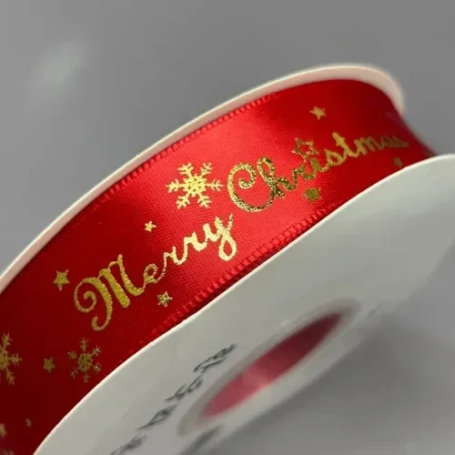Стрічка атлас новорічна "Merry Christmas" 2,5см червона